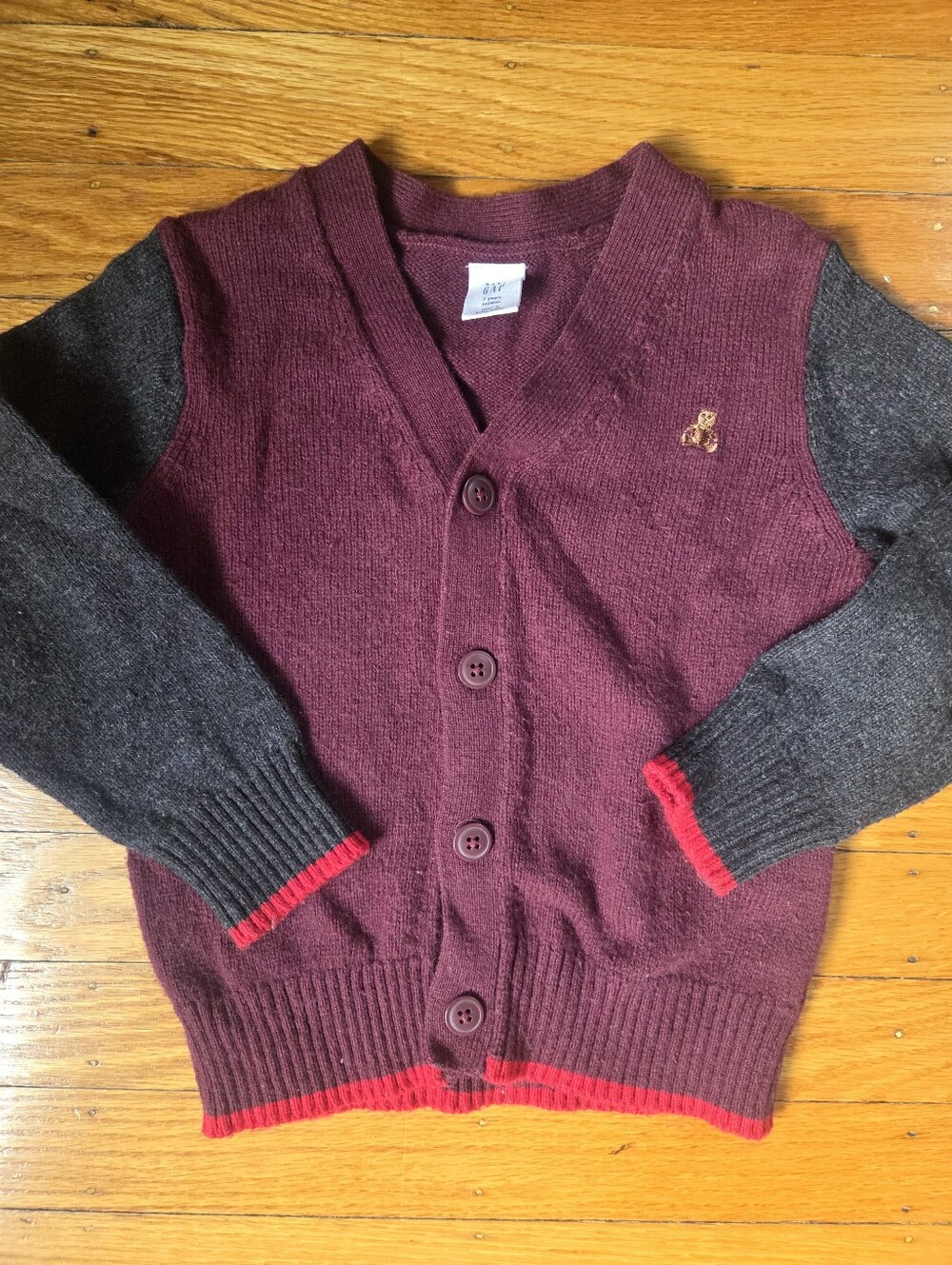 GAP Toddler Cardigan Burgundy and Charcoal with Red Trim 2T Toddler Boy